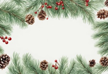 border cones branches pine berries holiday template isolated plants green invitation white winter christmas framer background watercolor