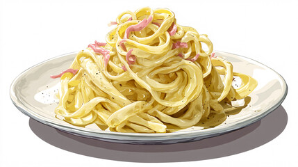 Traditional Italian carbonara featuring pasta generously coated in a rich, shiny sauce, presented against a simple white backdropa true taste of Italian cooking.  