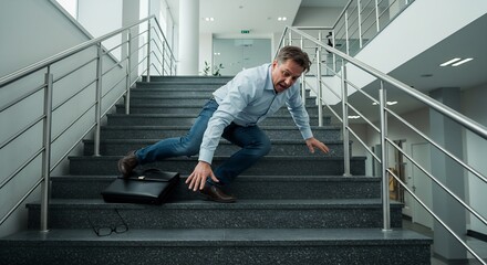 Businessman falling down the stairs in an office building, accidental injury at work, safety precautions, risk assessment