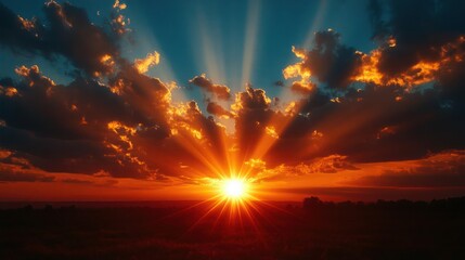 Naklejka premium Dramatic sunset, vibrant colors, radiant sunbeams piercing through clouds