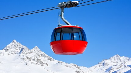 Obraz premium A red cable car ascends above snow covered mountain peaks