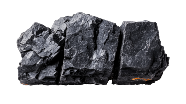 Dark rock mineral formation with rough texture detail, cut out transparent