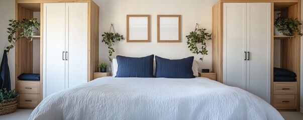 A chic bedroom featuring smooth maple wood and bright white cabinets