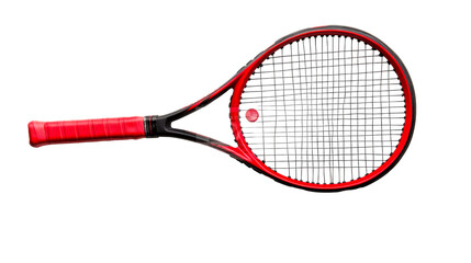 Bright red tennis racket with strings on black backdrop, cut out transparent