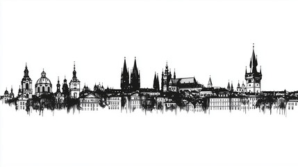 Prague Skyline in Ink Illustration