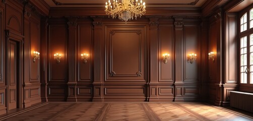 Detailed luxury wood paneling wall background. High quality traditional wood paneling, decorated with frame, column pattern. Classic interior with chandelier, window, door. Empty room for design,