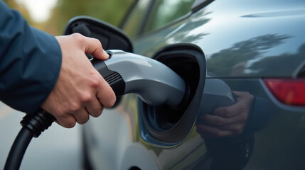 Hand of Electric Car Driver Plugging Charging Cable Showing Sustainable Transportation and Clean Energy