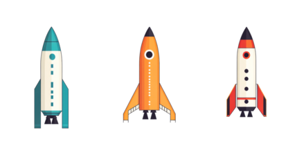 Set of three rockets, cartoon style, space adventure concept, cut out transparent
