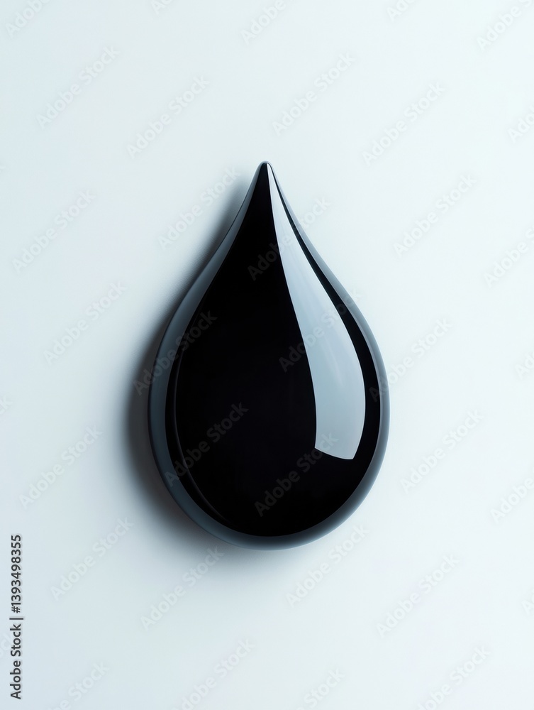 Aufkleber glossy black droplet contrasts sharply against matte white background in a minimalist setting with h