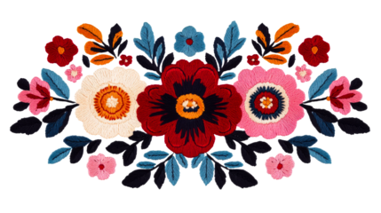 Vibrant floral embroidery artwork, decorative elements, cut out transparent