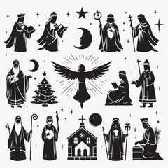 Set of four silhouetted nativity scenes for Christmas stock illustration