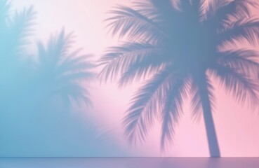 Pastel blue pink gradient background palm tree shadow. Minimalist abstract tropical design summer beach vacation. Wall decor, wallpaper, social media, web design, advertisement.