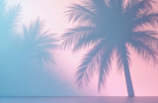 Pastel blue pink gradient background palm tree shadow. Minimalist abstract tropical design summer beach vacation. Wall decor, wallpaper, social media, web design, advertisement. - Powered by Adobe