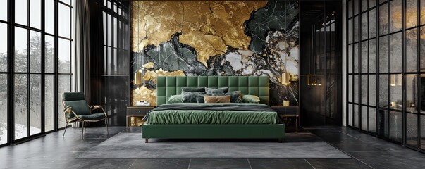 A chic bedroom with a jade green bed and a luxurious gold and black marble wall mural