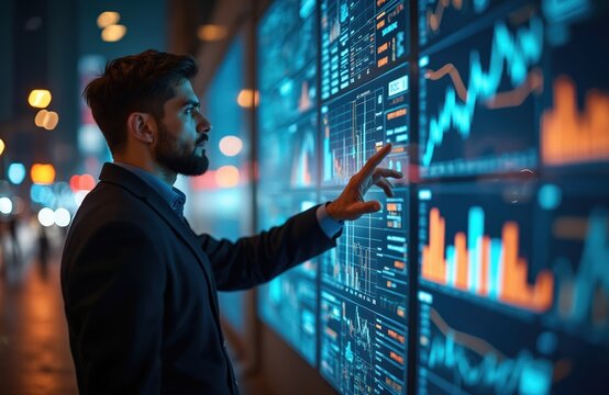 Businessman interacts with large interactive display, examines financial data graphs charts. Digital transformation, innovation tech in data analysis, strategy, futuristic computing, business