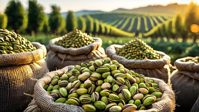Pistachio harvest at sunset in picturesque orchards with bountiful crops