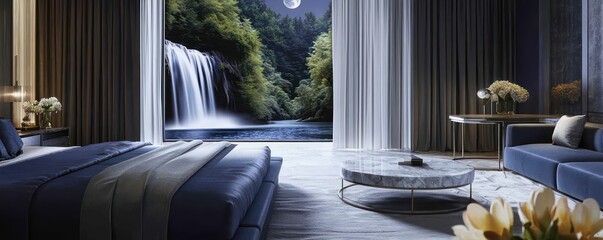 A chic bedroom with a view of a moonlit waterfall and forest
