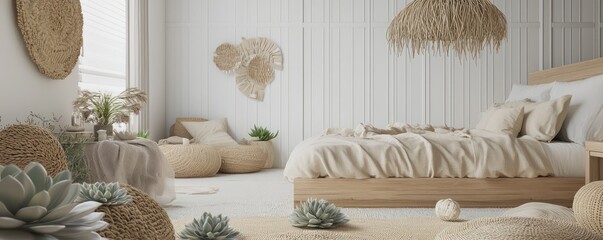 A chic bedroom with ash wood furniture, white walls, and decorative succulents on the floor
