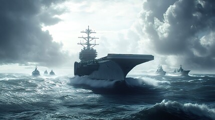 Aircraft carrier and escort ships sailing in rough seas during a military operation