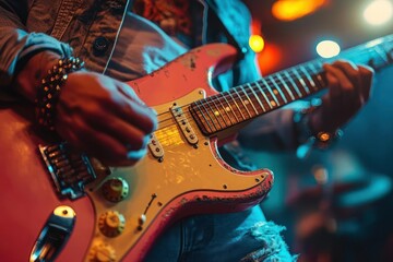 Close-up of a musician playing a vibrant pink electric guitar on stage