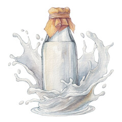 Watercolor set illustration. Breakfast Milk bottle with milk splash.  Watercolor hand drawn illustration, isolated on white background. International Milk Day.