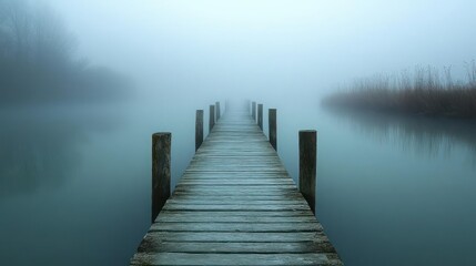 Naklejka premium Misty wooden pier extending into a tranquil lake