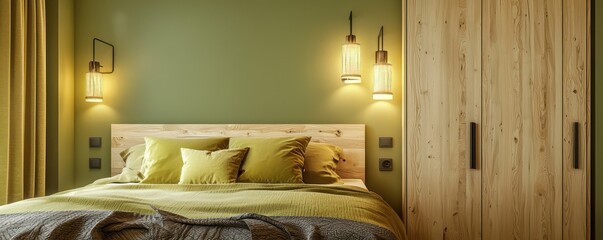 A chic bedroom with chartreuse walls and birch wood accents