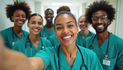 Multi-ethnic group happy nurses, medical students taking selfie photo at hospital. Young team doctors, practitioners smiling with stethoscope at university, clinic, lab. Success, healthcare, medicine.