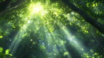 Fototapeta premium Sunlight filtering through lush forest canopy