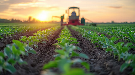 A farmer operates a tractor cultivating rows of young green plants in a fertile field at sunset du the sp planting season.