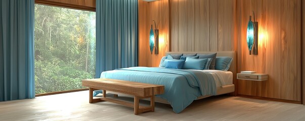 A chic bedroom with electric blue and aged cedar colors