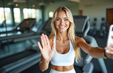 Fototapeta premium Young athletic woman in white sportswear takes selfie in gym near treadmill. Sportswoman waves hand at camera. Workout, fitness, active lifestyle, sporty female, wellness, body goals.