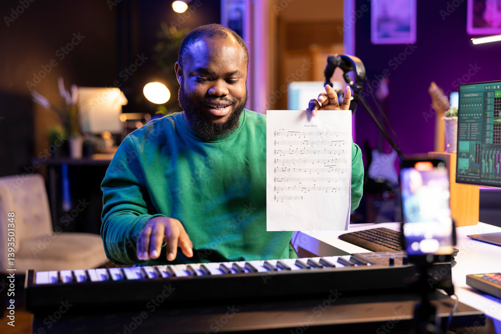 Poster musician songwriter presents notes on music sheet and demonstrating on piano, hosting online master 