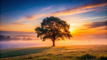 Fototapeta premium Tranquil Misty Morning Solitary Tree in Serene Landscape A Peaceful Escape for the Soul