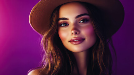 A captivating portrait of a woman adorned in a stylish hat. The soft glow of the studio lights illuminates her face, accentuating her features.