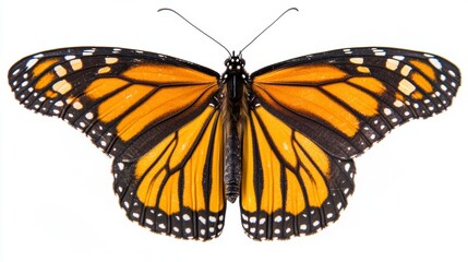 Obraz premium Close-up of a monarch butterfly with orange and black wings, isolated on a white background.