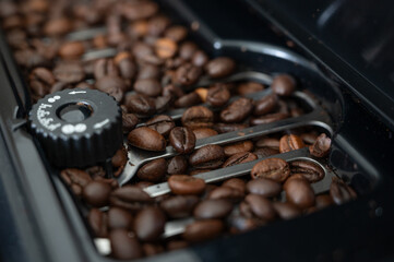 Coffee beans filling coffee machine container, ready for grinding