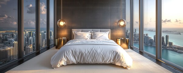 A chic bedroom with towering ceilings and expansive windows that frame a stunning city and sea panorama