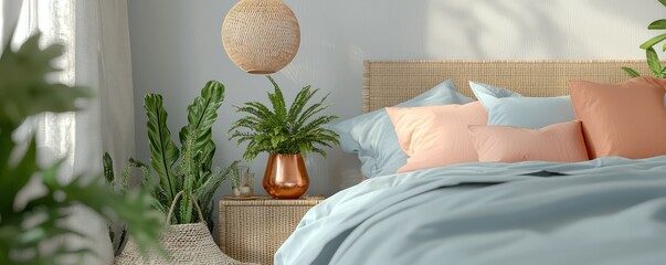 A chic boho bedroom with walnut furniture, sky blue bed linens, and peach pillows