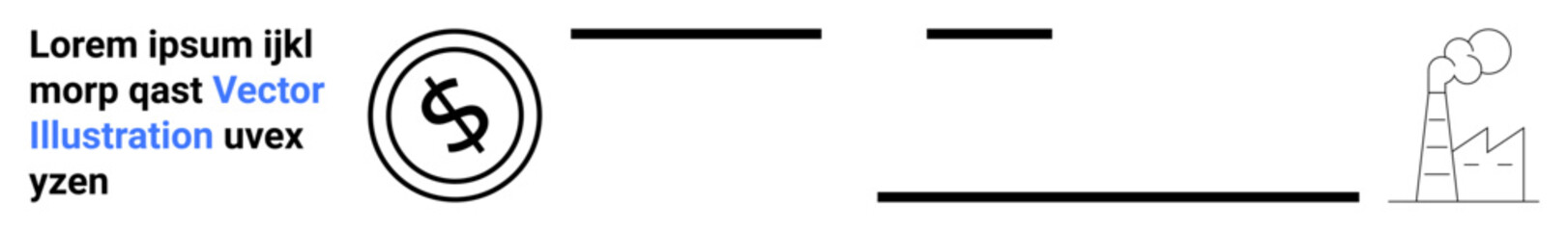 Circular dollar icon connects with lines to an industrial factory outline, emphasizing financial systems, economic progress, energy, sustainability, and production. Ideal for business, industry