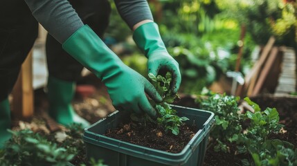 Fototapeta premium Close-up of hands wearing green gloves placing organic waste into a small plastic bin for a backyard compost pile, with gardening and tools visible in the background. 