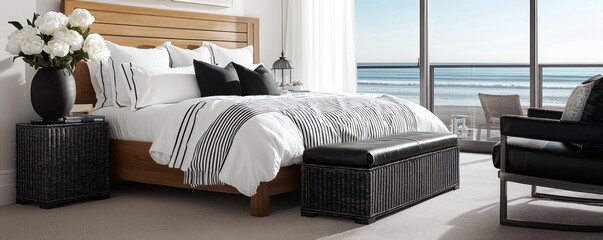 A chic coastal bedroom with polished cedar furniture