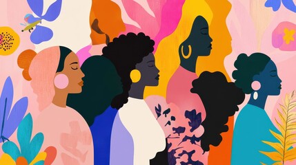 Colorful background of an abstract pattern featuring human heads, multiple silhouettes of people, and a collage of profile faces with various skin tones