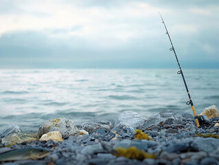 A solitary fishing rod rests on a rocky shoreline overlooking a calm sea under a cloudy sky perfect for a peaceful day of angling.