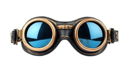 Retro goggles with blue lenses and gold frame, steampunk style, cut out transparent