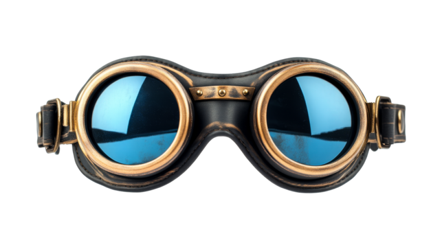 Retro goggles with blue lenses and gold frame, steampunk style, cut out transparent