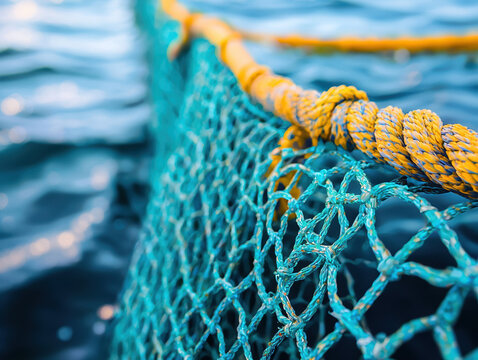 A close-up shot reveals a vibrant turquoise fishing net with a thick yellow rope running along its edge gently resting on the calm blue ocean water.