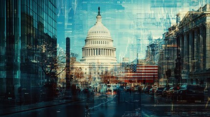 The US Capitol building in Washington, DC, blurred motion of people walking on the street with binary code double exposure, concept for digital data and global business. 