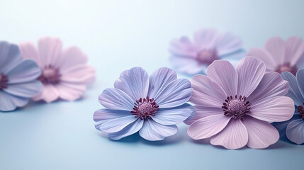 Fototapeta premium Soft pastel pink and blue cosmos flowers gently rest on a light blue background creating a serene and delicate floral arrangement perfect for sp or summer designs.