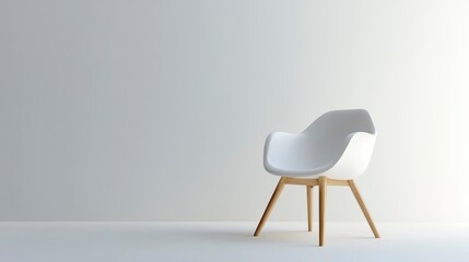 Minimalist white chair with wooden legs against a white wall.